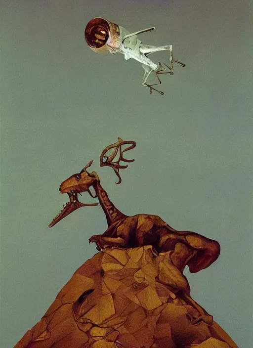 Image similar to a deer horned astronaut stands atop a melting dinosaur on the moon, Edward Hopper and James Gilleard, Zdzislaw Beksinski, Mark Ryden, Wolfgang Lettl highly detailed, hints of Yayoi Kasuma, Odilon Redon. Drexler