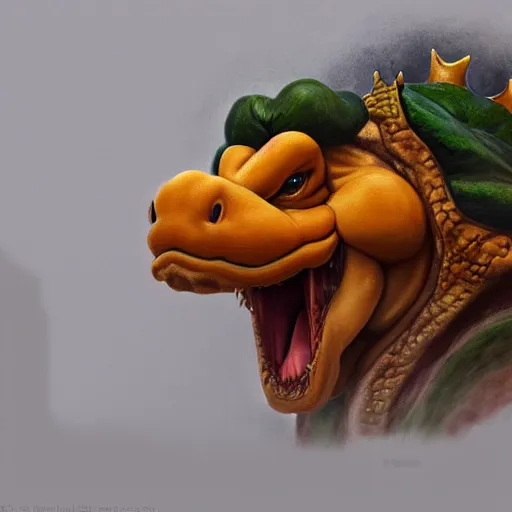 Image similar to An ultra realistic portrait painting of Bowser the Koopa King in the style of Frank Frazetta, 4k, Ultrarealistic, Highly Detailed, Dark Fantasy, Epic Lighting