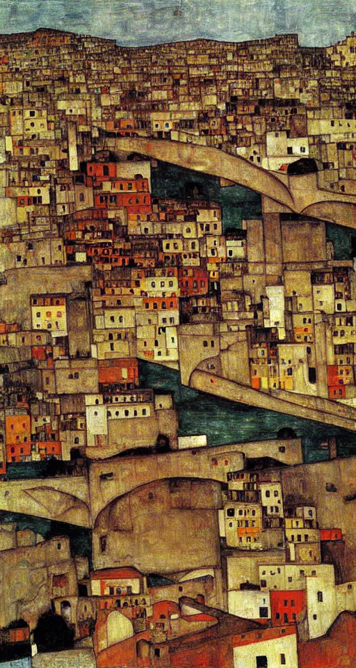 Prompt: a city in south of iran with a bridge, painting by egon schiele