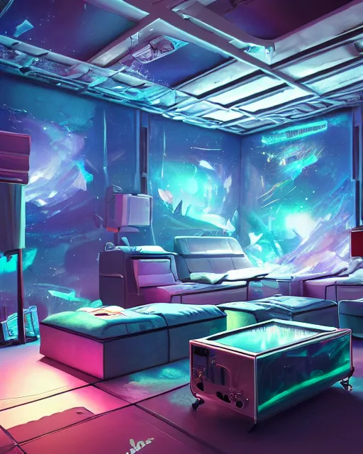 Image similar to artstation scifi scene of a safe room as ikea ad, lounge furniture, sky mural on the room ceiling, holographic gitchart windows, large terrarium, paneled walls, unreal engine 5, hyper realism, realistic shading, cinematic composition, blender render, octane render, hdr, detailed textures, photorealistic, wide shot