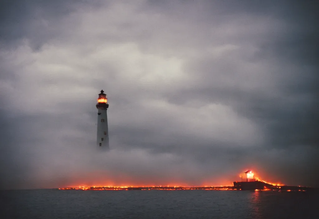 Prompt: lomo photo of burning lighthouse in the middle of a stormy sea, cinestill, bokeh, out of focus, night, dramatic lighting, streetlight