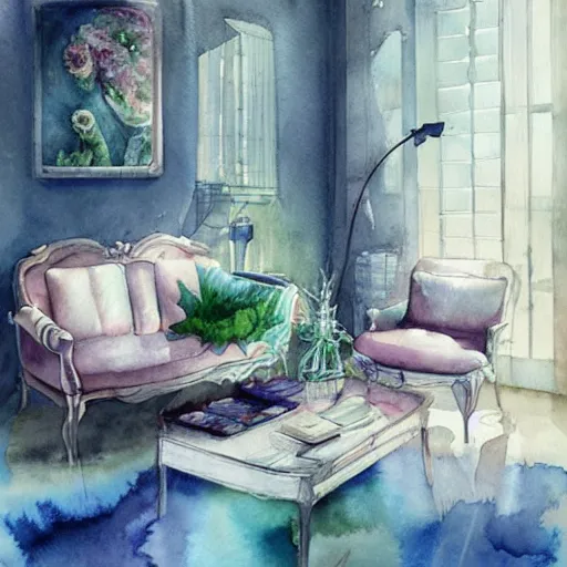 Image similar to watercolor living room by anna dittmann, by marco mazzoni