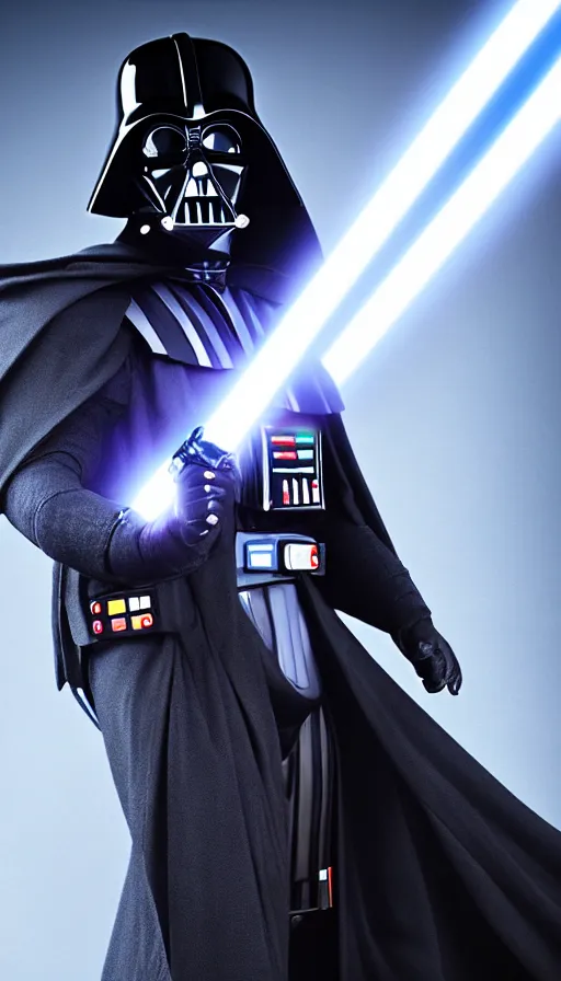 Prompt: A dark blue colored Darth Vader suit, movie accurate, holding a blue lightsaber, realism, 4k, dark background with studio lighting, 3d,