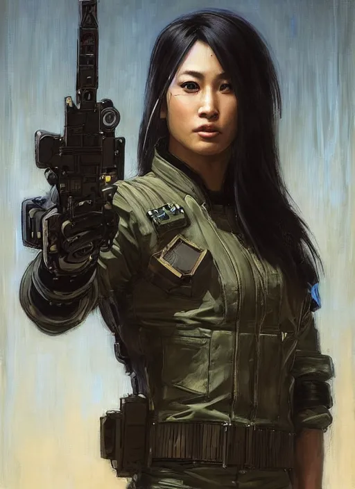 Prompt: Nikki tanaka. beautiful cyberpunk female USN marine wearing a military vest and combat gear. (Cyberpunk 2077, bladerunner 2049, apex legends, hl2). gorgeous face. Iranian orientalist portrait by john william waterhouse and Edwin Longsden Long and Theodore Ralli and Nasreddine Dinet, oil on canvas. Cinematic, hyper realism, realistic proportions, dramatic lighting, high detail 4k