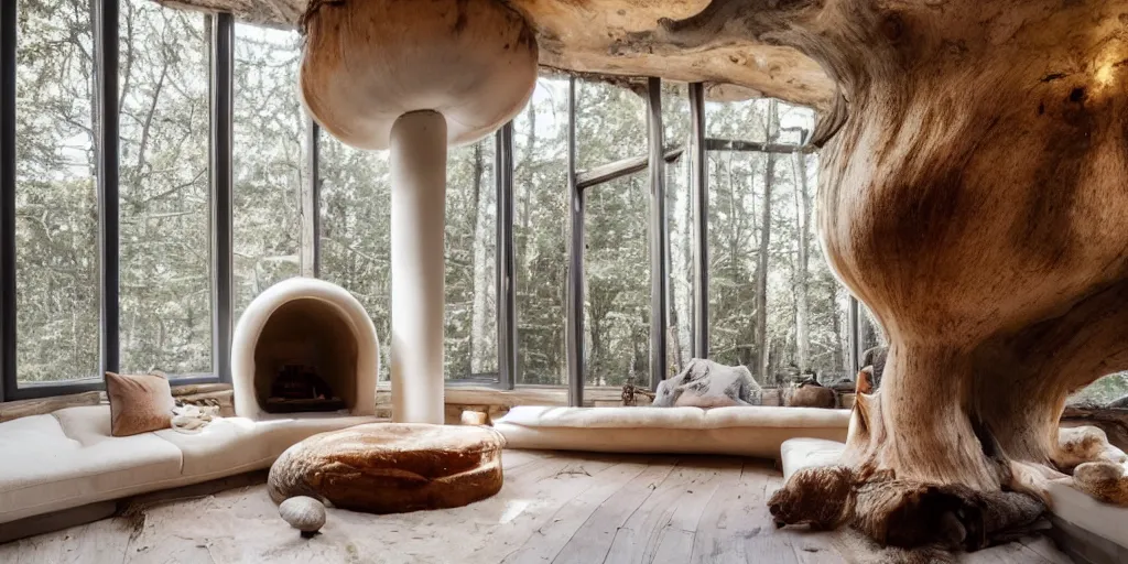 Image similar to cozy residence in the cap of enormous toadstool mushroom, warm light in windows, chimney