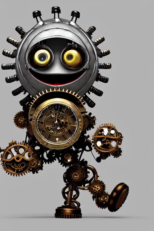 Prompt: a tiny cute steampunk monster with cogs and screws and big eyes smiling and waving, isolated on white background, 3d occlusion, ultra hd, character design by Hayao Miyazaki and dave mckean, unreal 5, vray render, cinematic lighting, vibrancy