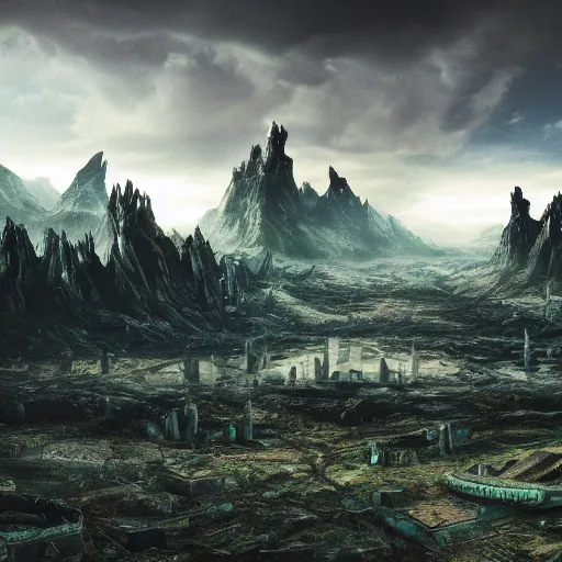 Prompt: future city covered by forest creature, doom of the gods, monster, gravity mess, star trek, glory war, photograph, cinematic matte painting, photo realism, desolate glacial landscape