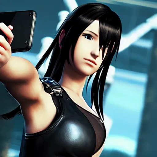 Image similar to Tifa Lockhart from Final Fantasy VII Remake (2020) taking a selfie in Italy