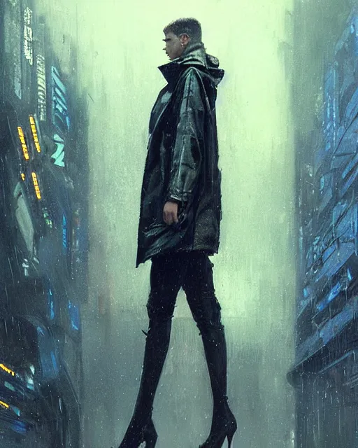 Image similar to detailed portrait bladerunner movie scene European Pretty Young Girl Storm Rain movie Jacket coat, Futuristic sci-fi fashion, royal attire by ismail inceoglu dragan bibin hans thoma greg rutkowski Alexandros Pyromallis Nekro Rene Margitte illustrated Perfect face, sharp chine, fine details, realistic shaded, fine-face, pretty face cyberpunk, neotokyo, synthwave, aesthetics, futuristic, low-emission-neon