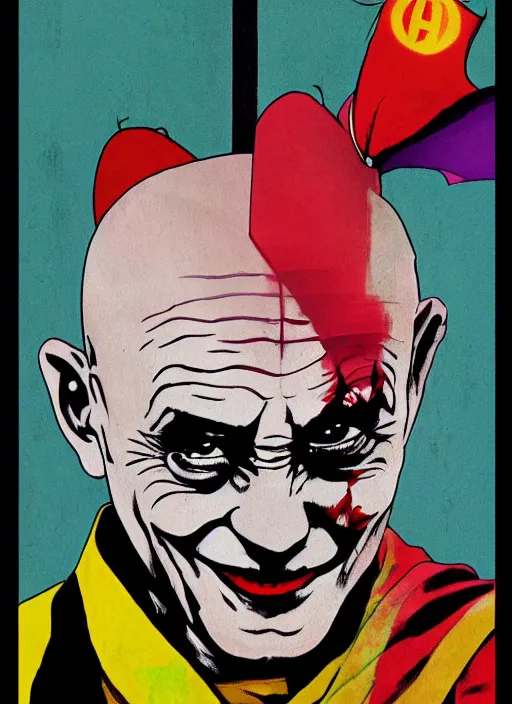 Image similar to Ghandi as the Joker from batman, comic book cover art, bright colourful, detailed, slightly sinister