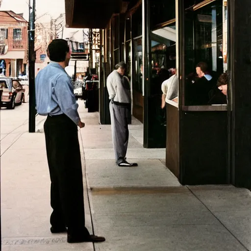 Prompt: candid portrait photograph of a man staring at a computer outside a restaurant, his friends are angry, taken by annie leibovitz,