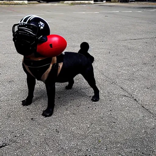 Image similar to pug wearing a american football helmet, cyberpunk style