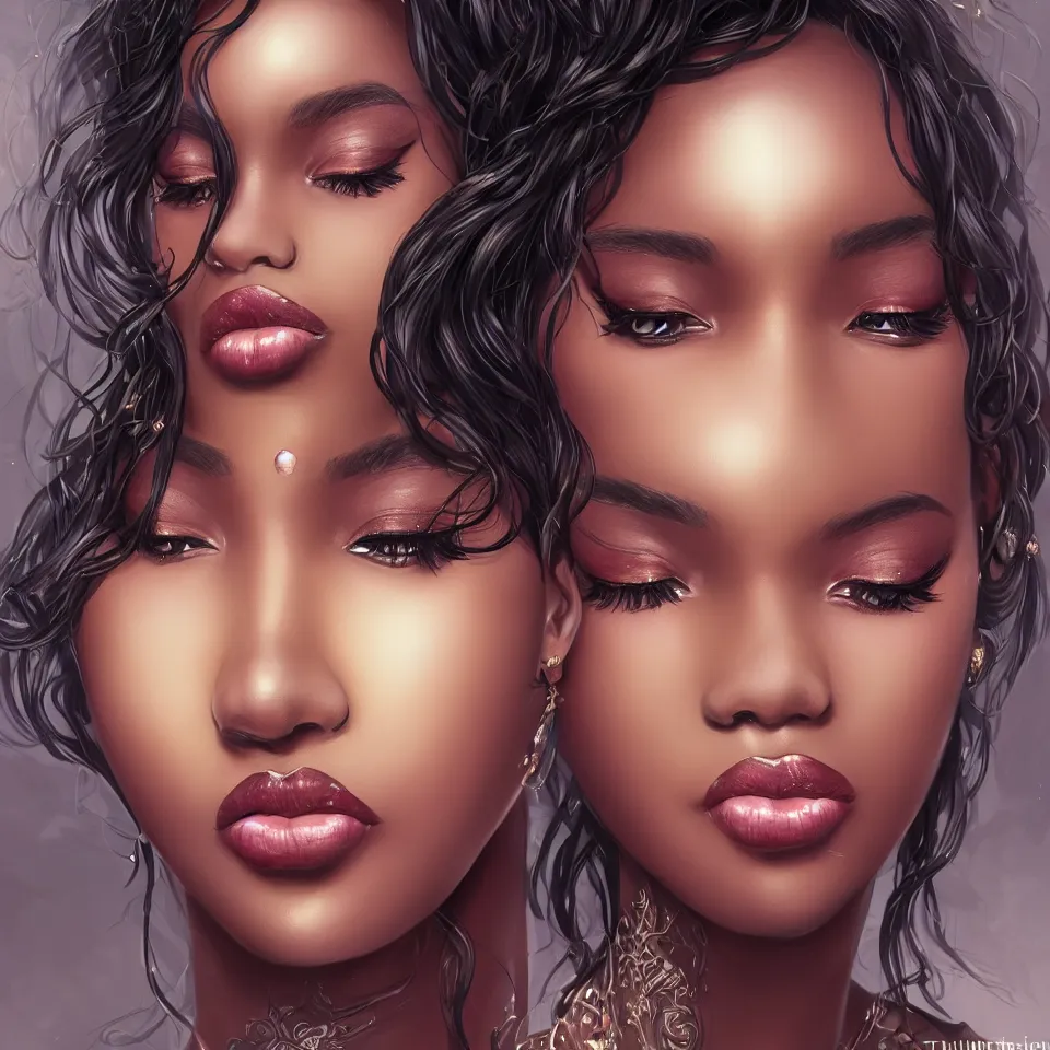 Image similar to A tall black skinned girl with large lips and smooth eyebrows and wavy hair, complimentary eyeliner, light blush and metallic eyeshadow, HD, illustration, epic, fantasy, intricate, elegant, amazing detail, digital painting, artstation, concept art, smooth, sharp focus, illustration, art by Turine Tran