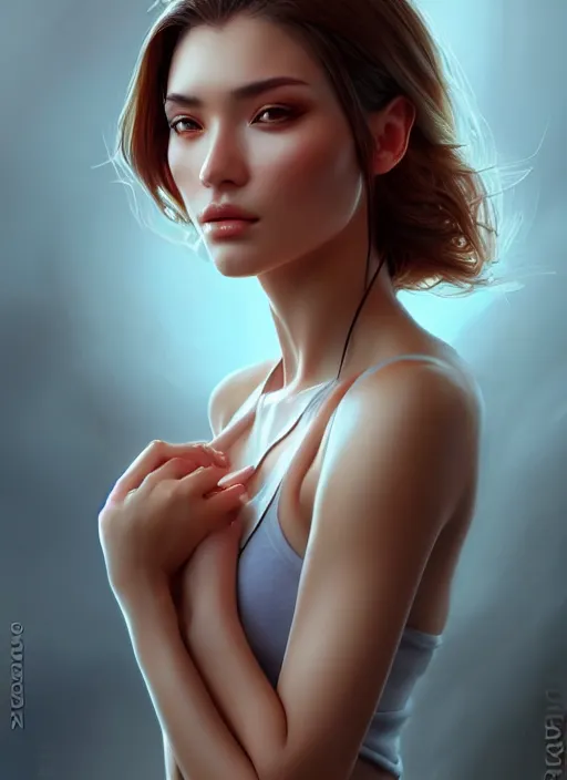 Image similar to photo of a gorgeous young woman in the style of stefan kostic, realistic, sharp focus, 8k high definition, insanely detailed, intricate, elegant, art by stanley lau and artgerm