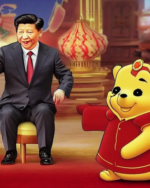 Image similar to movie still of president xi jinping starring as winnie the poo and vladimir putin as rabbit in live action winnie the poo movie, highly detailed, photorealistic