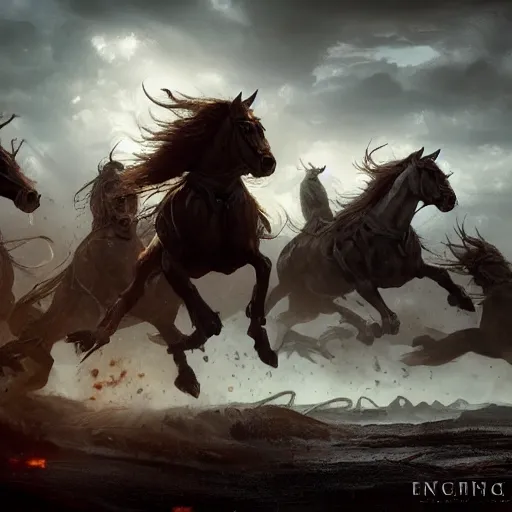 Prompt: horsemen of the apocalypse, elden ring, oil painting, smooth, sharp focused, beautifully detailed, octane render, epic, cinematic lighting, by greg rutkowski