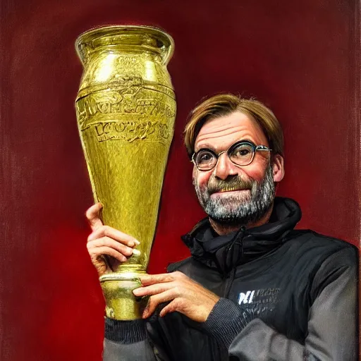 Image similar to jurgen klopp holding up a hot dog eating trophy, portrait by john william waterhouse and edwin longsden long and theodore ralli and nasreddine dinet, oil on canvas. cinematic, vivid colors, hyper realism, realistic proportions, dramatic lighting, high detail 4 k