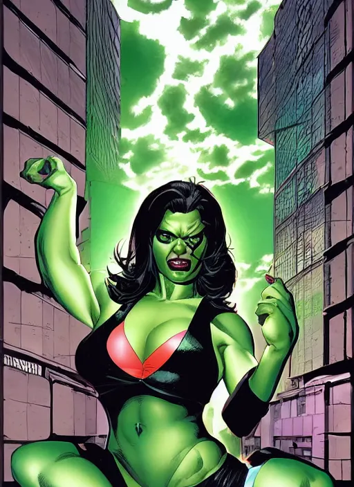 Image similar to a portrait of the she hulk in new york city by joe jusko, simone bianchi and alex ross dramatic lighting.