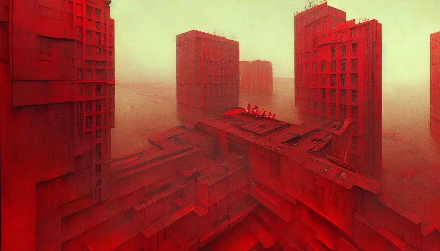 Image similar to only with red, soviet communism horror brutalist architecture apocalyptic with soviet flag, crowd cheering, in the style of beksinski and edward hopper and rodcenko and yue minjun and cory loftis, intricate and epic composition, red by caravaggio, highly detailed, masterpiece, red light, artstation, art nouveau