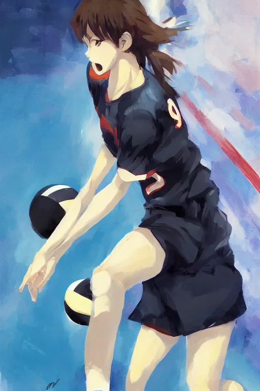 Image similar to A beautiful panting of a stylish woman playing volleyball, Oil painting, by Makoto Shinkai