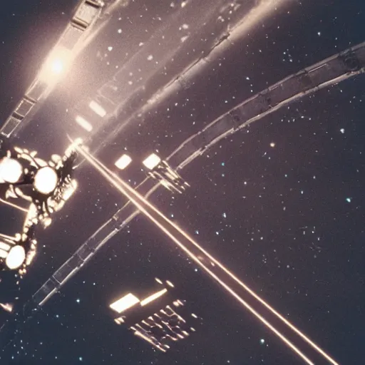 Prompt: photo of 2 space stations docking in space, backlit, cinematic lighting, 35mm film, action shot