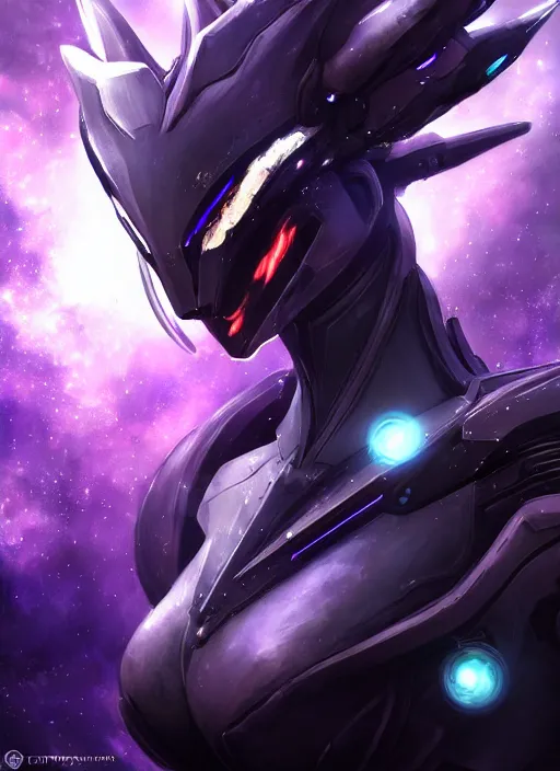 Image similar to cinematic close shot, cosmic sized proportional stunning beautiful hot female warframe, detailed sleek robot mecha female dragon head, metal ears glowing purple oled eyes, mawshot, sleek silver armor, floating in empty space, nebula sized, epic proportions, epic size, epic scale, furry art, dragon art, giantess art, warframe fanart, furaffinity, deviantart