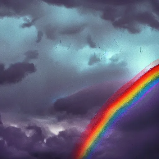 Image similar to A melancholy rainy sky with black puffy clouds and a beautiful twisting rainbow matte painting