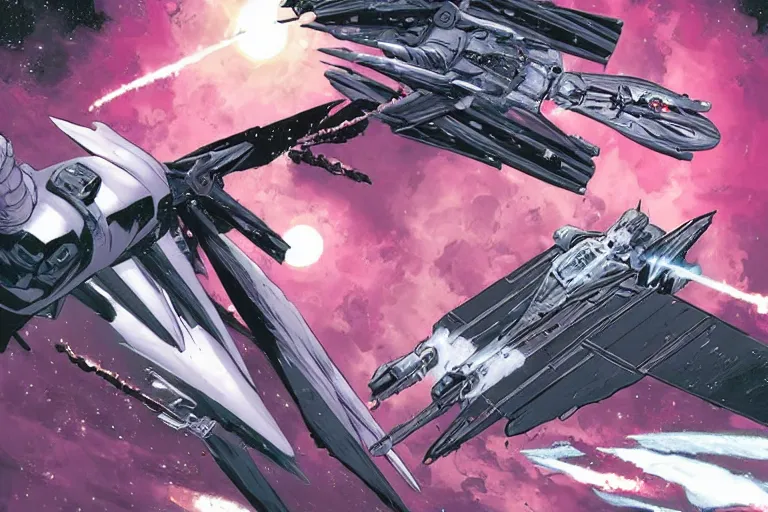 Image similar to A daemonette attacking a space fighter. Beautiful comic art.