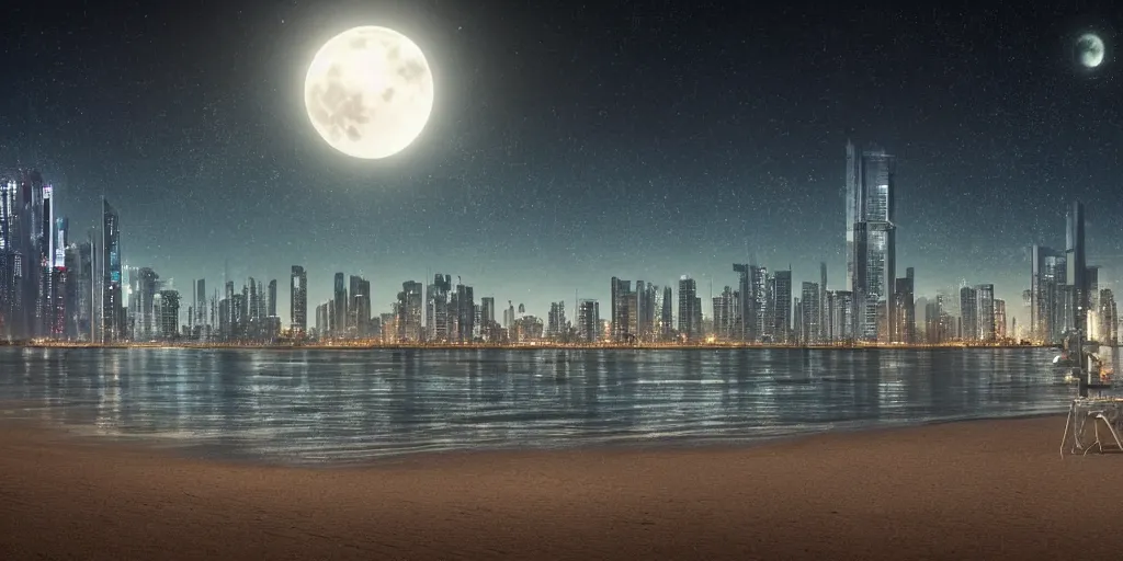 Image similar to a high detail photograph night time at a beach, cyberpunk city at night in the distance, two moons in the sky, realism, 8 k, award winning photograph