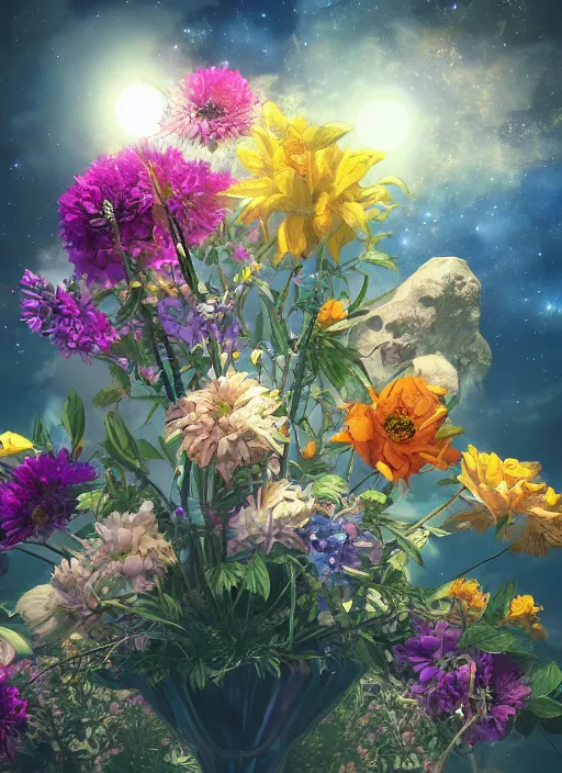 Image similar to An epic fantastic realism comic book style painting of the most beautiful flowers launched into space, bouquets, fisheye lens, unreal 5, DAZ, hyperrealistic, stars in the night sky, octane render, dynamic lighting