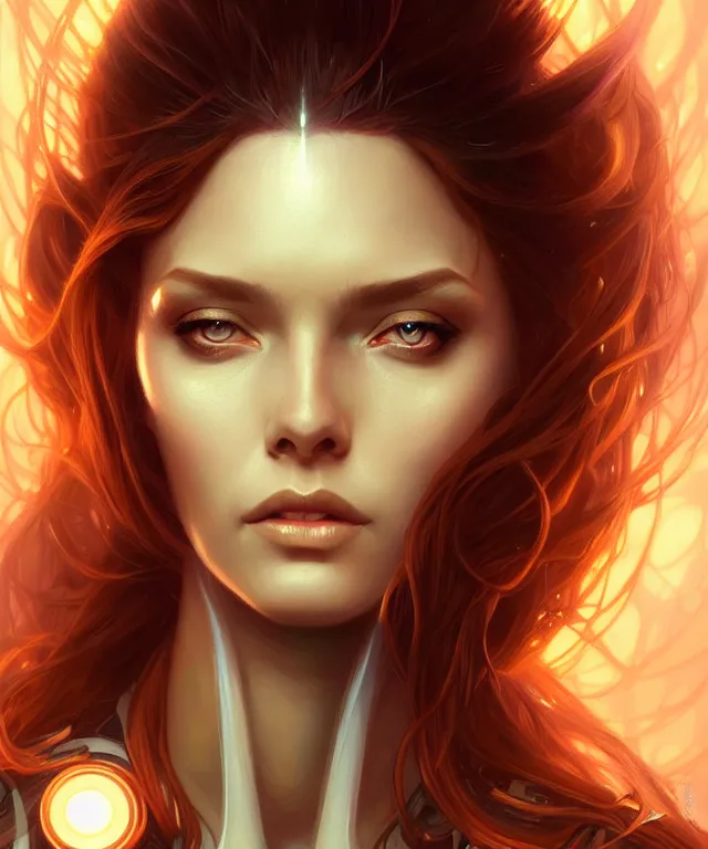 Image similar to futuristic woman portrait, sci-fi, amber eyes, face, long hair, fantasy, intricate, elegant, highly detailed, digital painting, artstation, concept art, smooth, sharp focus, illustration, art by artgerm and greg rutkowski and alphonse mucha