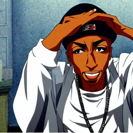 Image similar to Tupac Shakur, screenshot from a 2012s anime