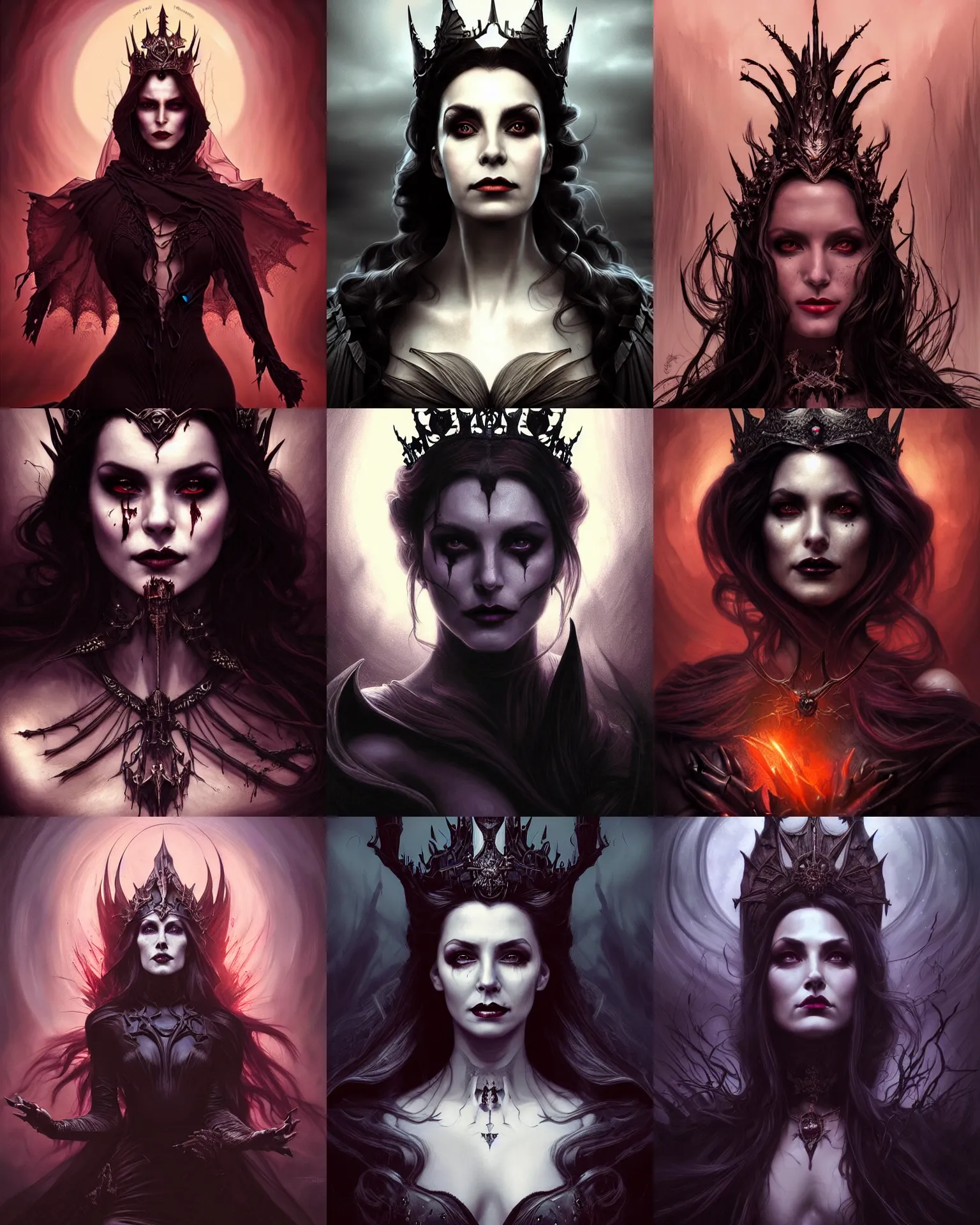 Prompt: portrait of an evil queen, dark magic, beautiful face, attractive young woman,heroic pose, full body, dramatic lighting, dark and horror, dust and blood, intricate, wild, highly detailed, digital painting, artstation, concept art, smooth, sharp focus, illustration, art by artgerm and greg rutkowski and alphonse mucha, footage from space camera