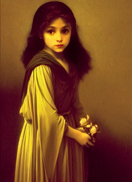 Image similar to shadows in the dark lurking on a lost little girl wearing a gold cloak, backlight, creepy, extremely realistic and highly detailed painting by william - adolphe bouguereau and caravaggio, soft light, gold ratio