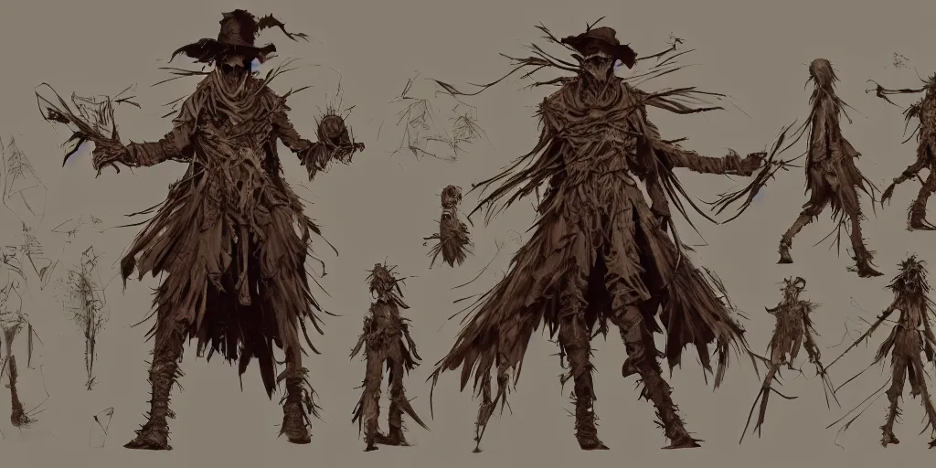 Prompt: the scarecrow, character sheet, concept design, contrast, kim jung gi, greg rutkowski, zabrocki, karlkka, jayison devadas, trending on artstation, 8 k, ultra wide angle, pincushion lens effect