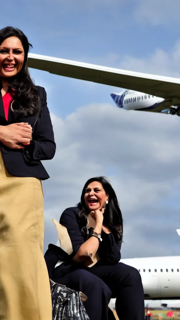 Prompt: priti patel laughing evilly while watching a plane take off at heathrow