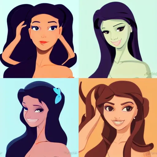 Prompt: beautiful woman with long black hair, tanned skin, hourglass figure, round face dressed as a disney princess. clean cel shaded vector art. shutterstock. behance hd by lois van baarle, artgerm, helen huang, by makoto shinkai and ilya kuvshinov, rossdraws, illustration,