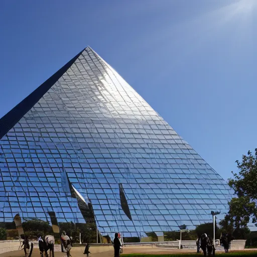 Prompt: gleaming steel and glass pyramid reflecting the bright sun, built and constructed by millions of robot android humanoid surrounding laborers