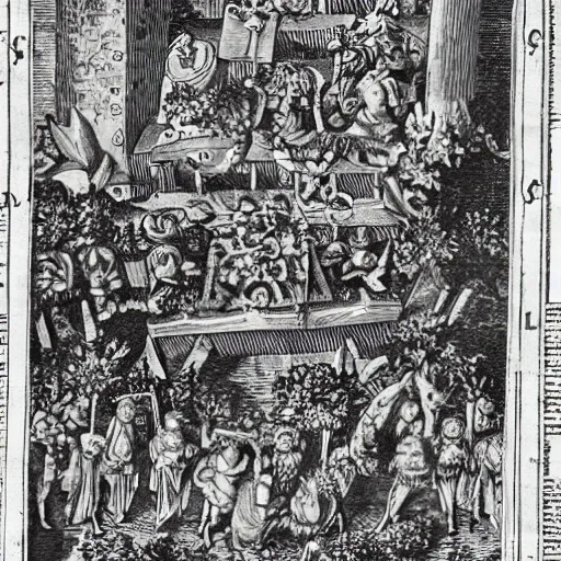 Image similar to a overhead view of a man in castle in the jungle getting praised and fanned by angels with fruits, detailed, golden furniture, nuremberg chronicle, adventure time,