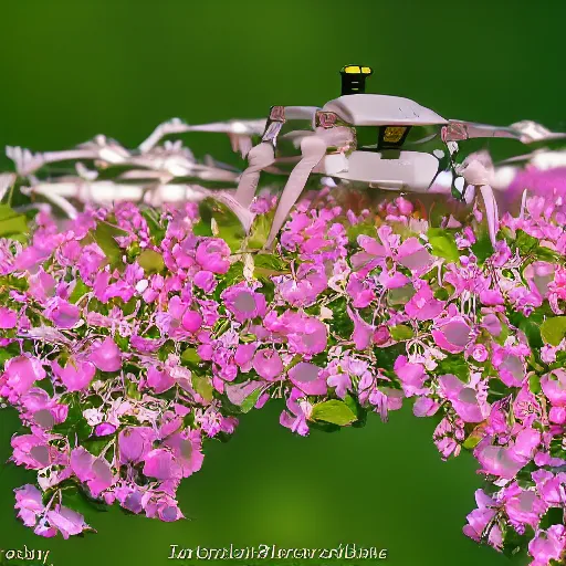 Image similar to rose chafer with quadcopter drone wings creating turbulence above rose flowers black background