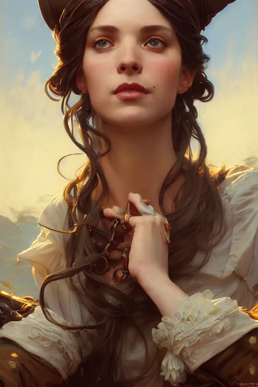 Prompt: sargent and leyendecker and greg hildebrandt highly detailed portrait of a woman with long hair, pirate queen, stephen bliss, unreal engine, by greg rutkowski, loish, ferdinand knab, ilya kuvshinov, rossdraws, tom bagshaw, alphonse mucha, global illumination, radiant light, detailed and intricate environment