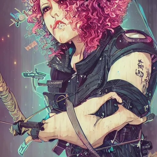 Image similar to close up, posing pointing with an arrow bow and screaming with fury, a grungy cyberpunk anime, very cute, by super ss, curly pink hair, night sky by wlop, james jean, victo ngai, highly detailed