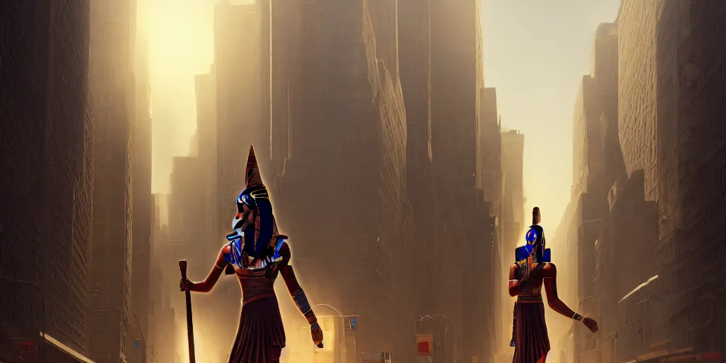 Image similar to an egyptian god walking the streets of new york, digital art, landscape, fantasy art, octane render, unreal engine, high detail, very realistic, by ross tran. by james gurney