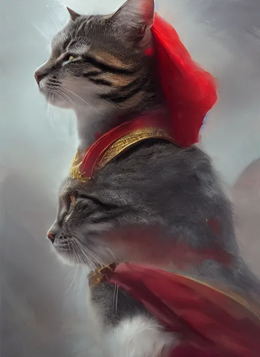 Image similar to side profile of a cat king wearing a crown and red cape, fantasy, digital painting, volumetric light, intricate, sharp, focus, bloom, illustration, highly detailed, concept art, matte, ruan jia, randy vargas, greg rutkowski