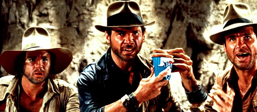 Prompt: Indiana jones stealing a red solo cup from Raiders of the Lost Ark (1981)