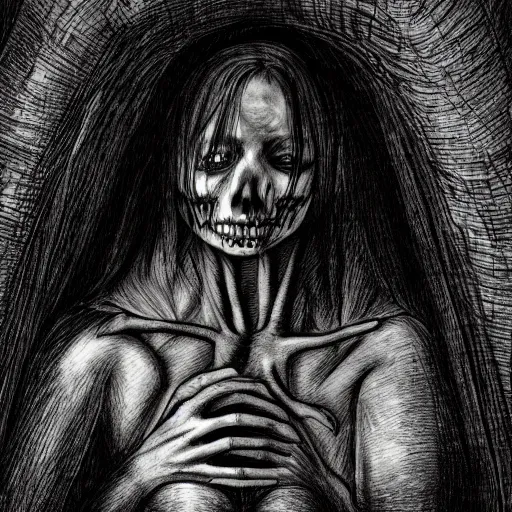 Prompt: ink drawing of zombie woman standing alone in a tunnel holding a heart by hieronymus bosch hyper realistic, dark fantasy detailed, high definition insanely detailed, bitter super - resolution microscopy dark lighting, x - ray black and white