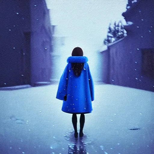 Image similar to frozen rain floating around a flying girl with long sky blue hair, low - angle shot from behind, blue coat, fur scarf, ultra fine detail, dark theme, realistic painting, photography, psychedelic, film still, cinematic, wlop, ilya kuvshinov, ismail inceoglu,