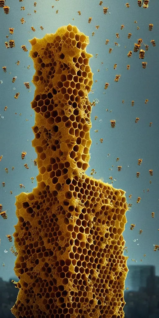 Prompt: real honeycomb organic building with dripping honey by tomas gabzdil libertiny sitting on the field, film still from the movie directed by denis villeneuve arrival movie aesthetic with art direction by zdzisław beksinski, telephoto lens, shallow depth of field