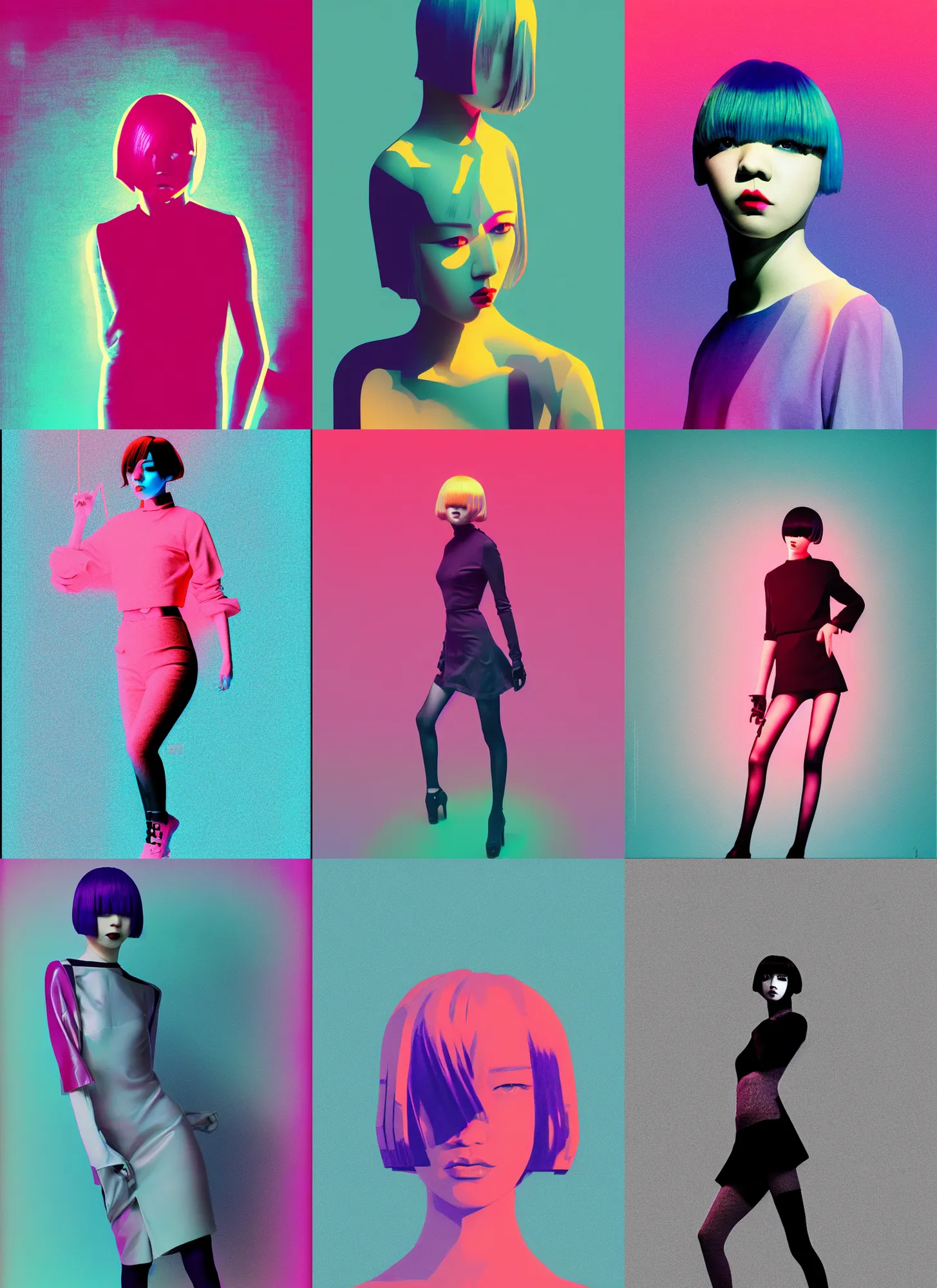 Prompt: ( ( strong dither ) ), full body photo portrait of reol, dynamic pose, modern art deco, mads berg, christopher balaskas, dynamic composition, editorial illustration, detailed, matte print, halftone, victo ngairich, muted color, wide angle, lomography, risograph gradient, volumetric