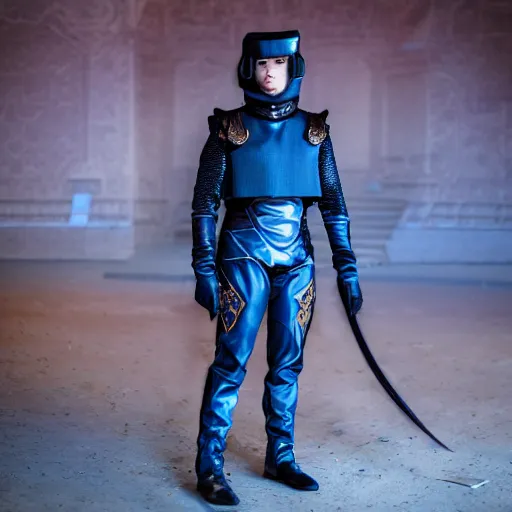 Image similar to low angle upper view of Austin Butler dressed in futuristic-baroque prussian blue duelist-garb and nanocarbon-vest and greaves, standing in an arena in Dune 2020, XF IQ4, f/1.4, ISO 200, 1/160s, 8K, RAW, unedited, symmetrical balance, face in-frame